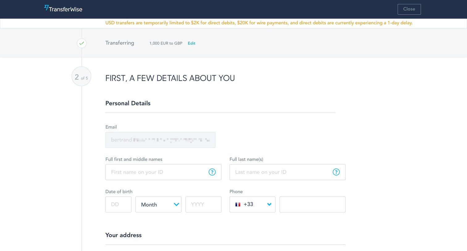TransferWise - Create screen