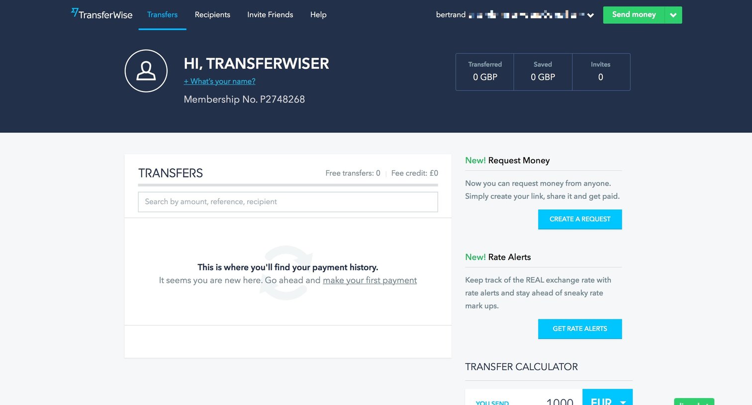 TransferWise - Home screen