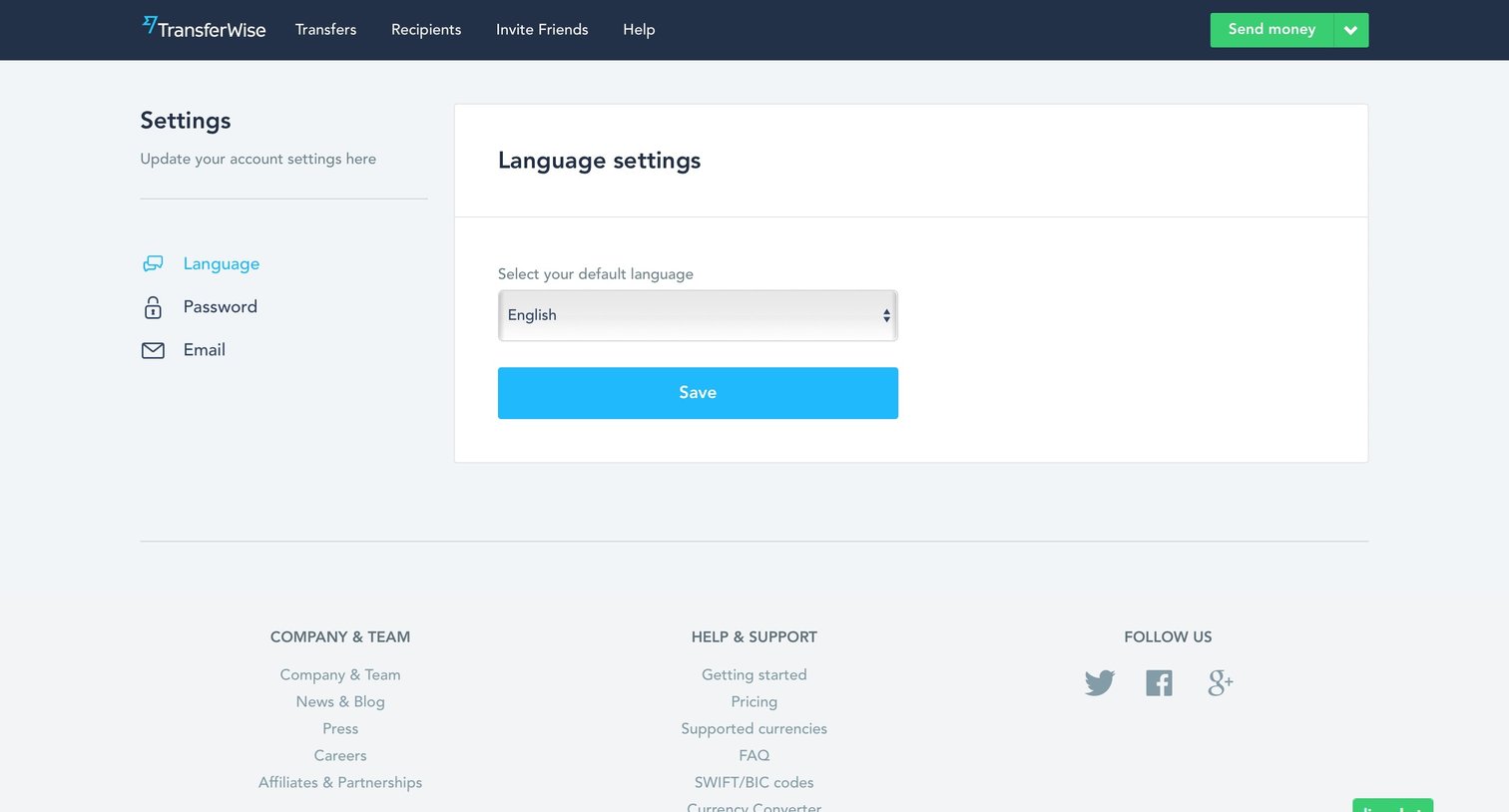 TransferWise - Settings screen