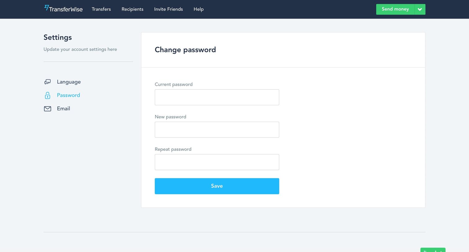 TransferWise - Settings screen
