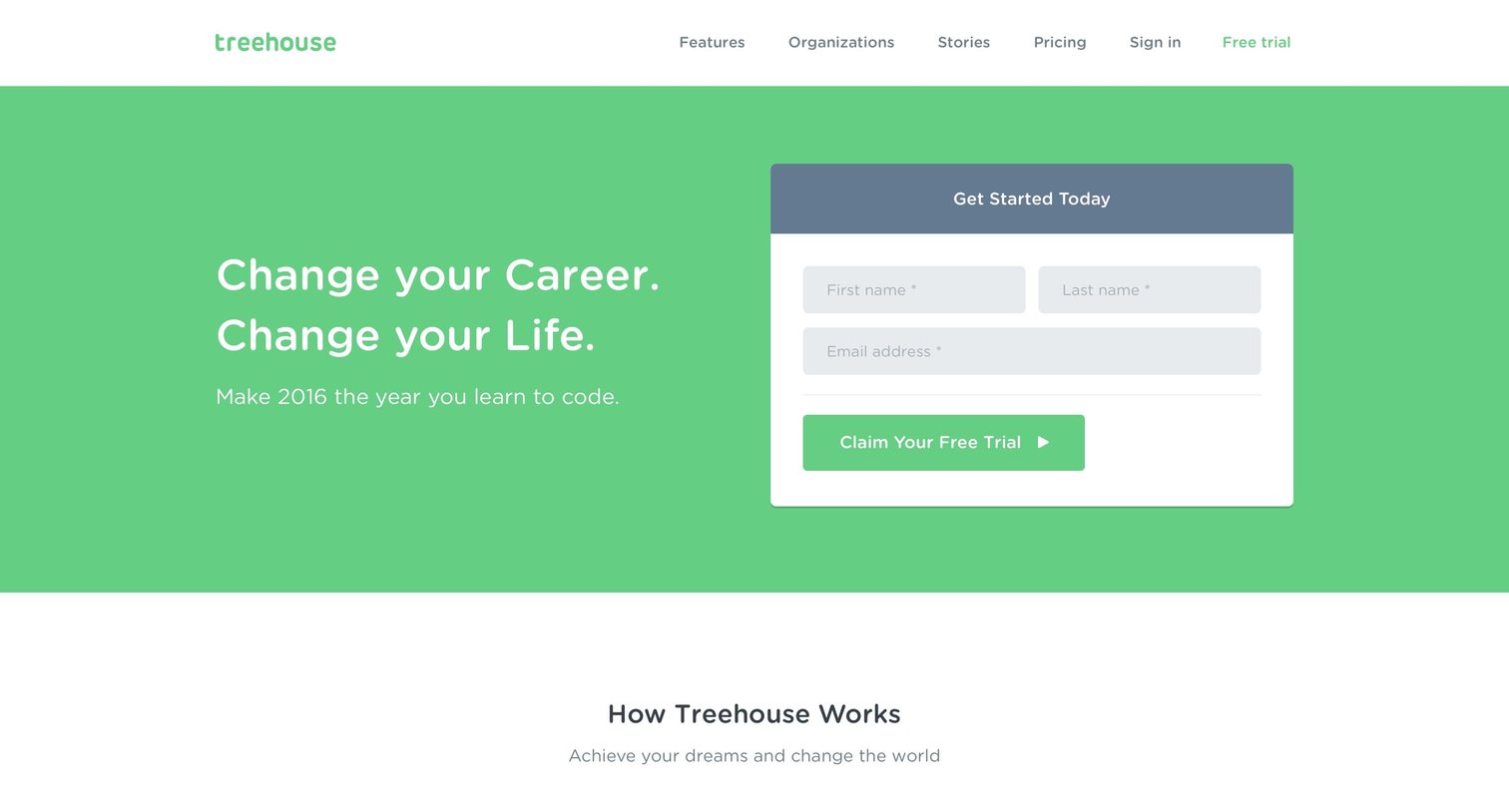 Treehouse - Landing page screen