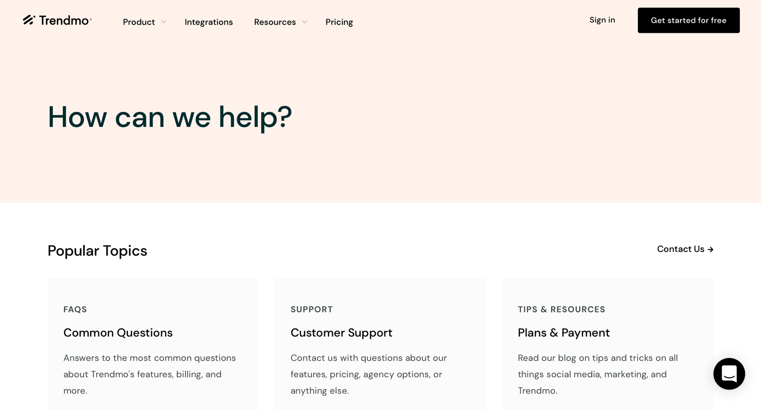 Trendmo - Support / Help center screen