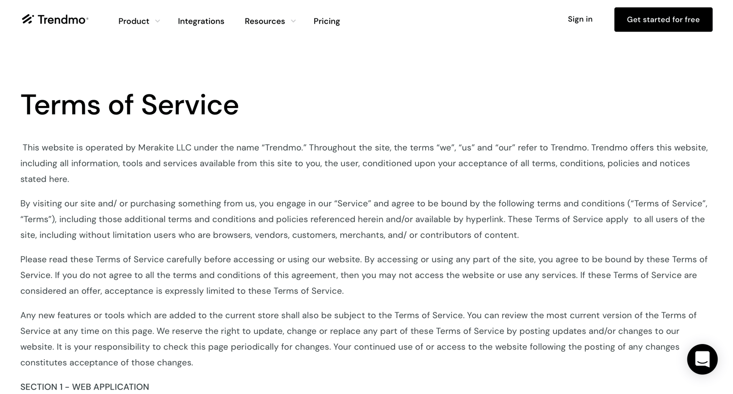 Trendmo - Terms & conditions screen