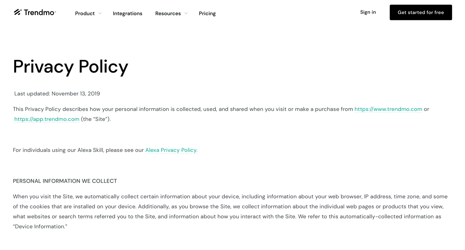 Trendmo - Privacy policy screen
