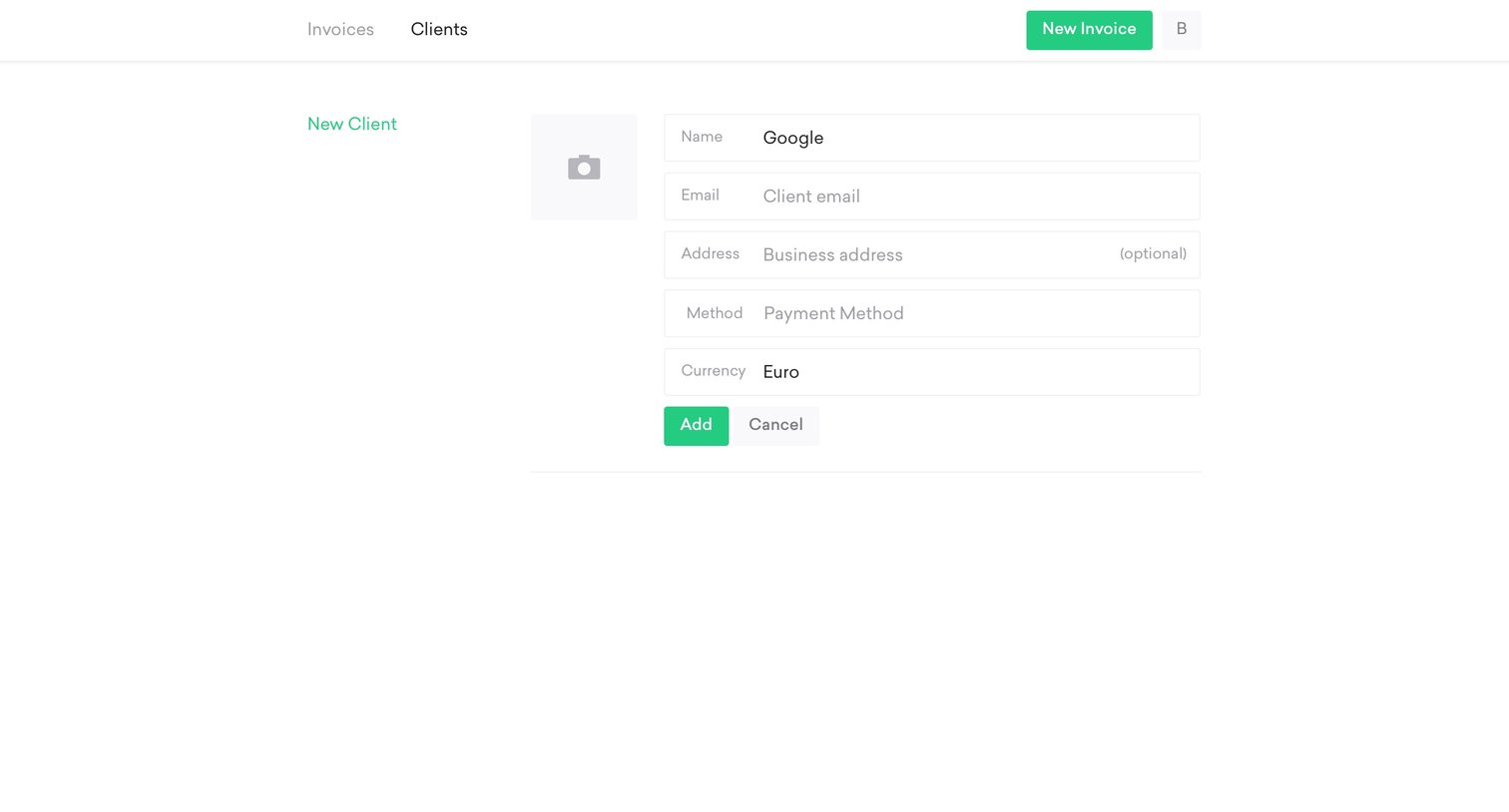 Two cards - Create client screen