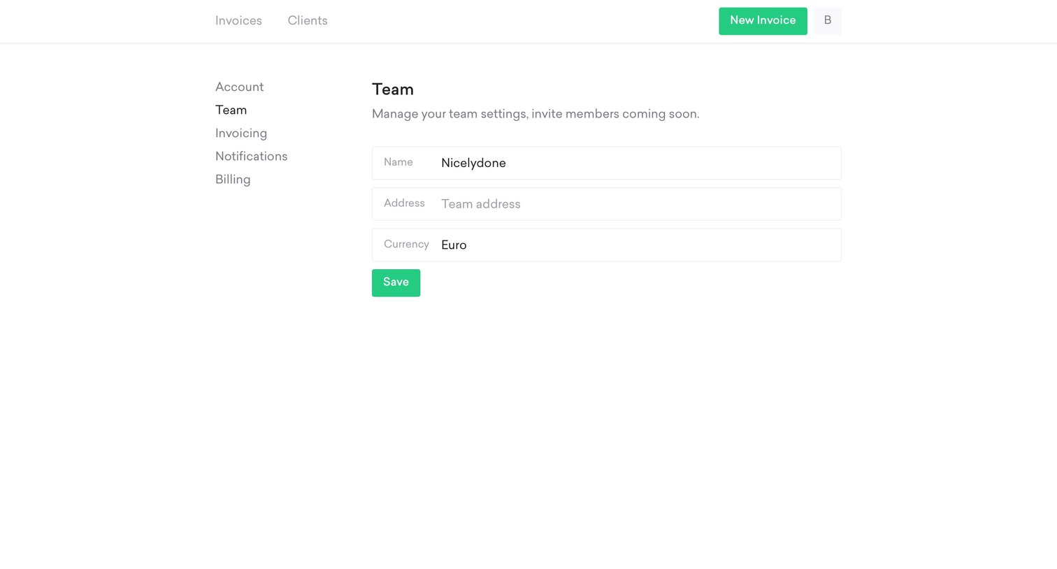 Two cards - Team settings screen