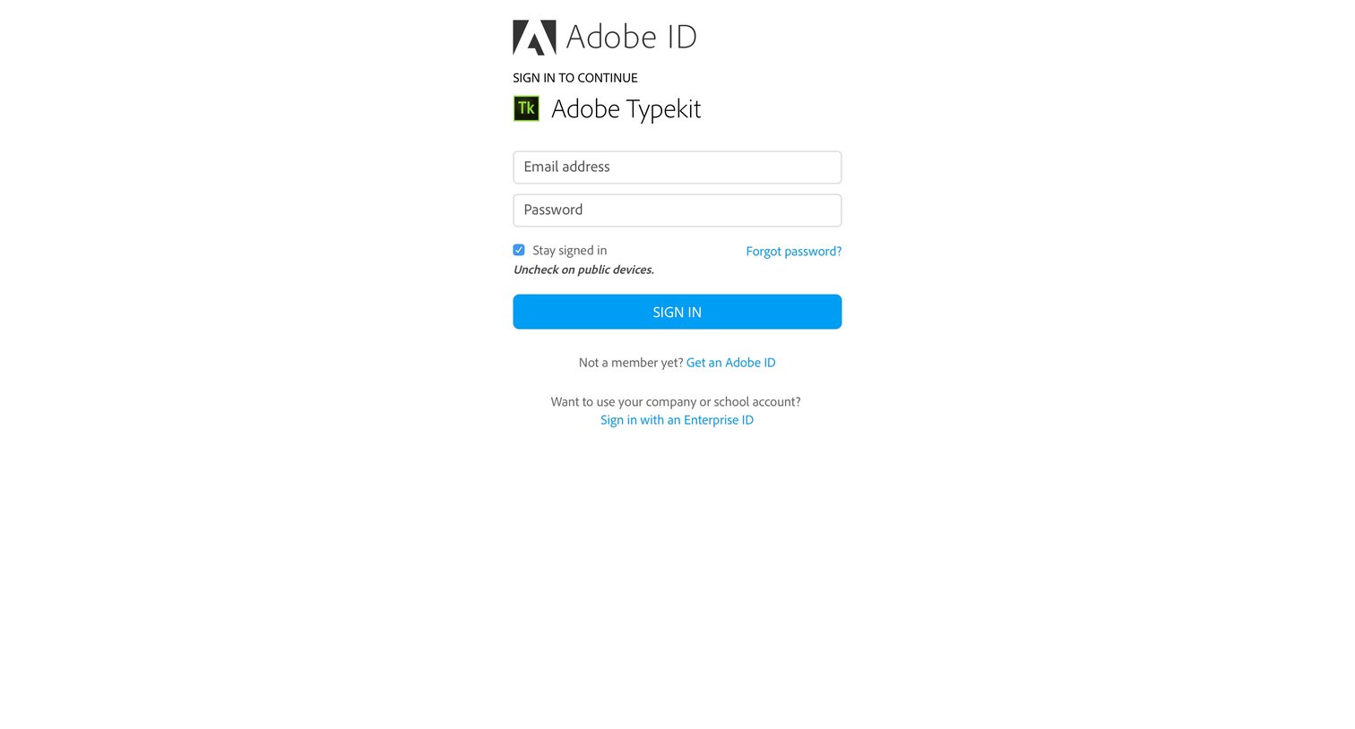 Typekit - Sign in screen