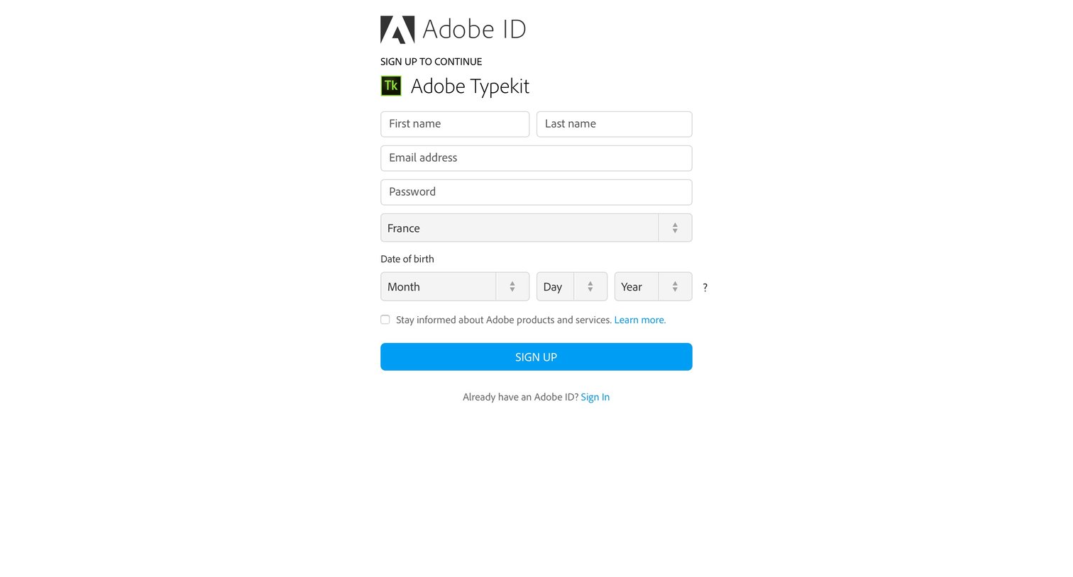 Typekit - Sign up screen