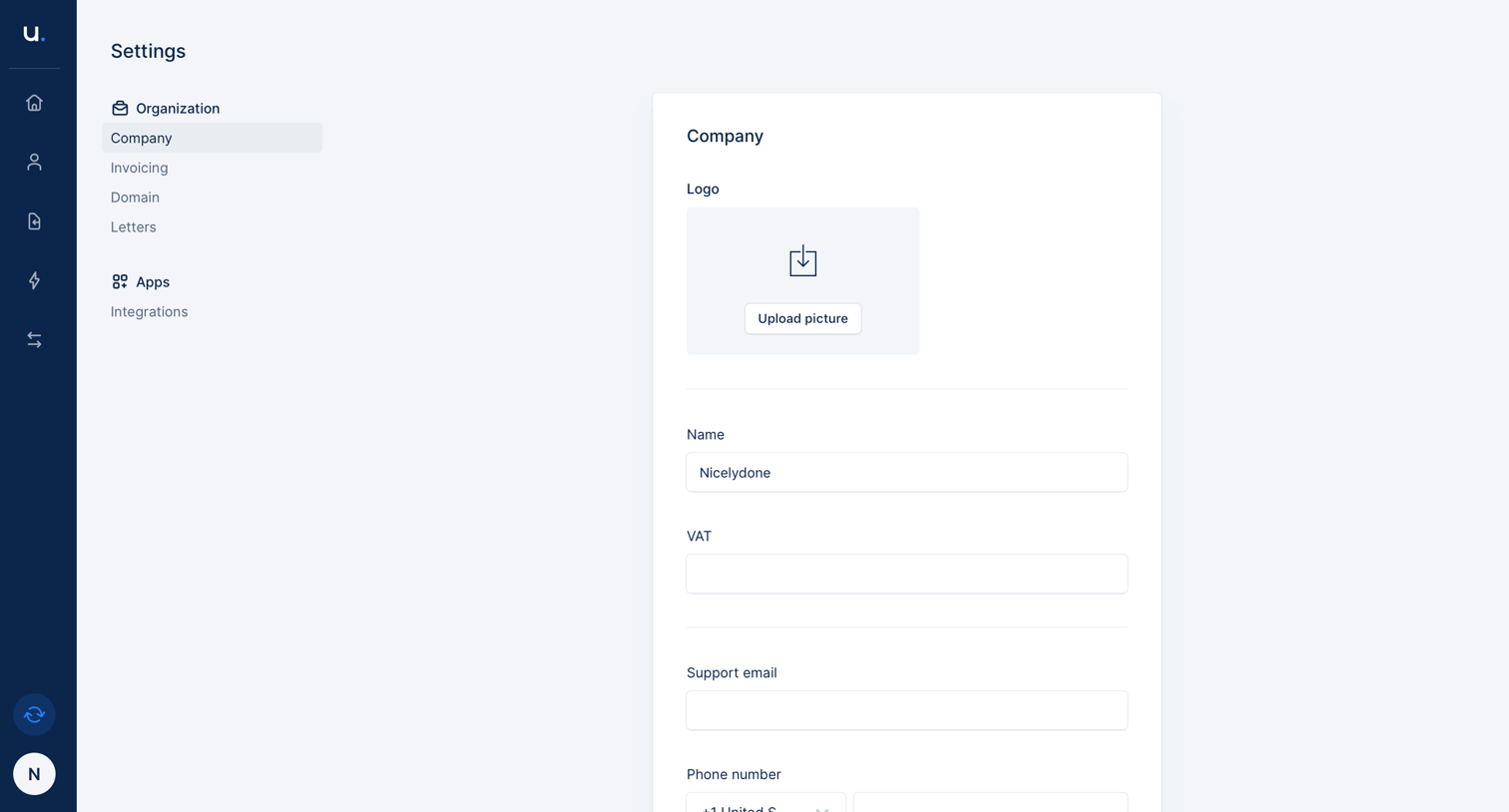 Upflow - Organisation settings screen