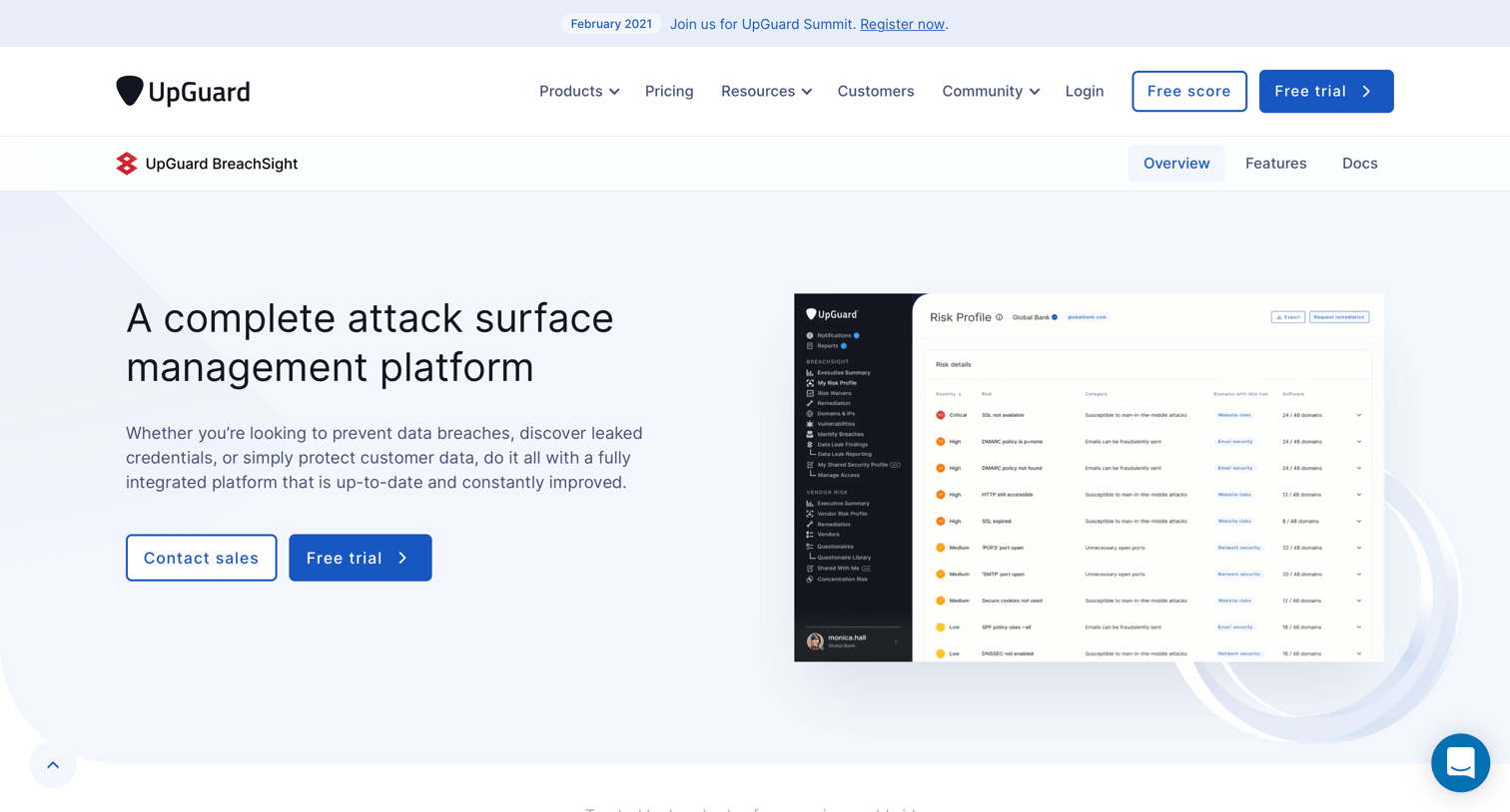 Upguard - UpGuard BreachSight. Attack Surface Management Software | Overview screen