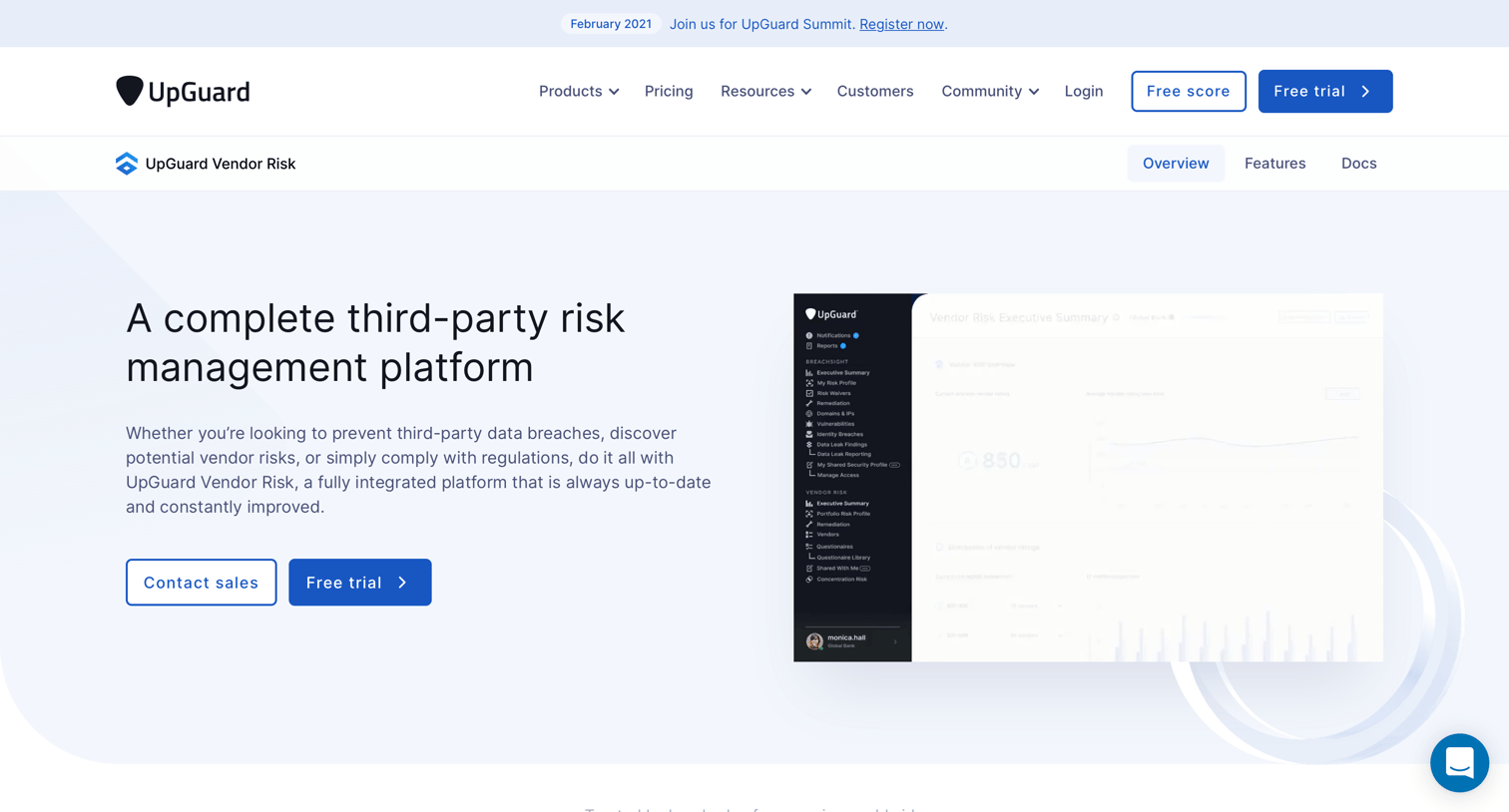 Upguard - UpGuard Vendor Risk. Third-party Risk Management Software | Overview screen