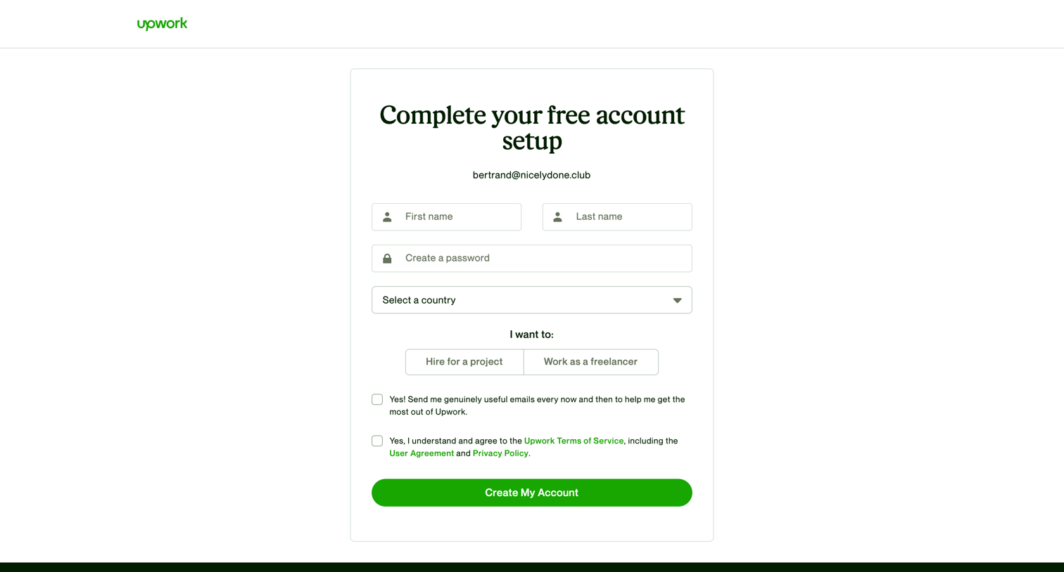 Upwork - Create an Account - Upwork screen