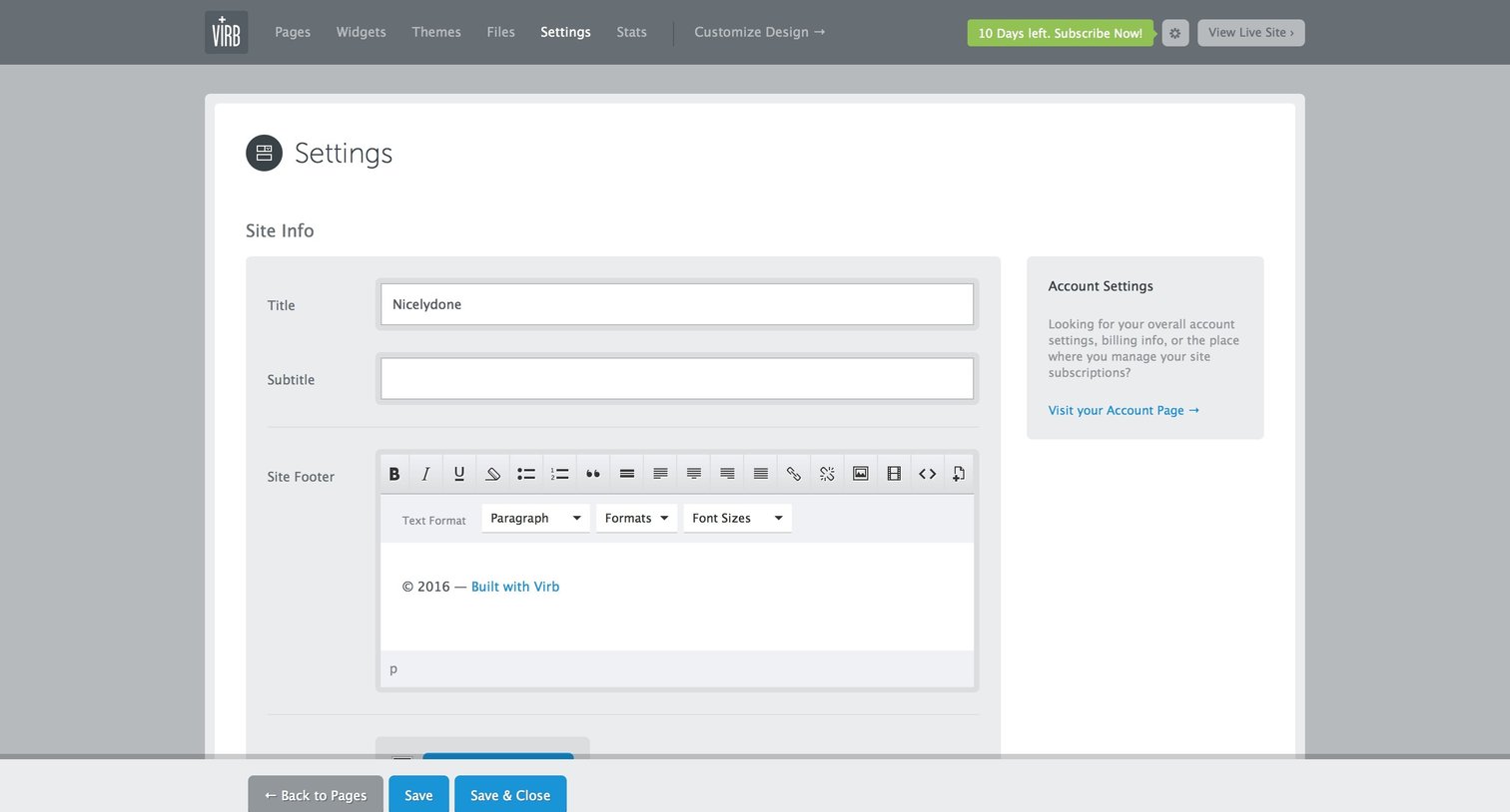 Virb - Settings screen