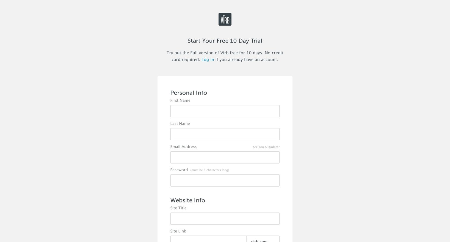 Virb - Sign up screen