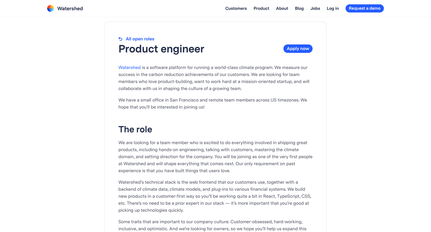 Watershed - Product engineer – Watershed Jobs screen