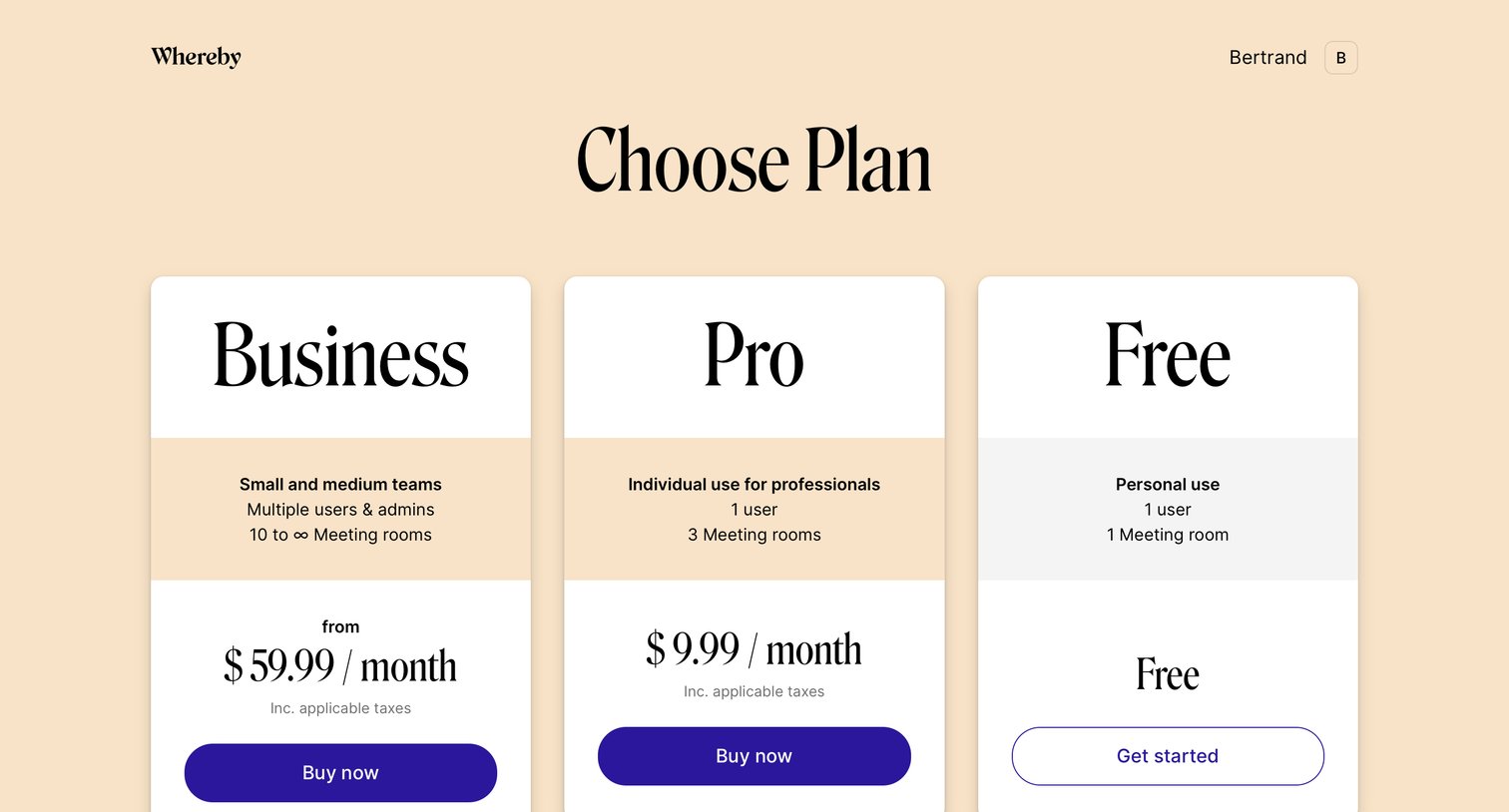 Whereby - Plans screen