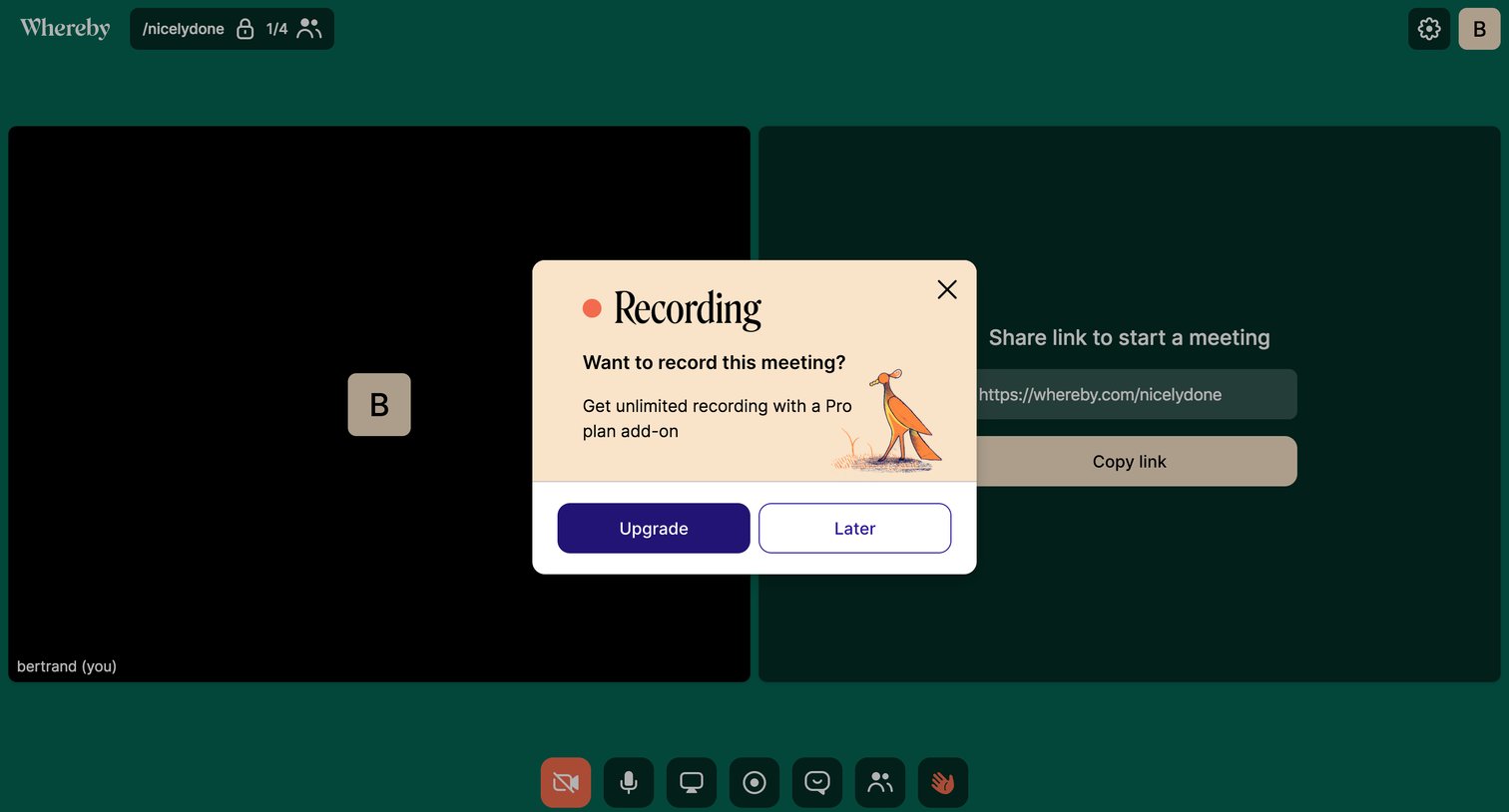 Whereby - Premium feature screen