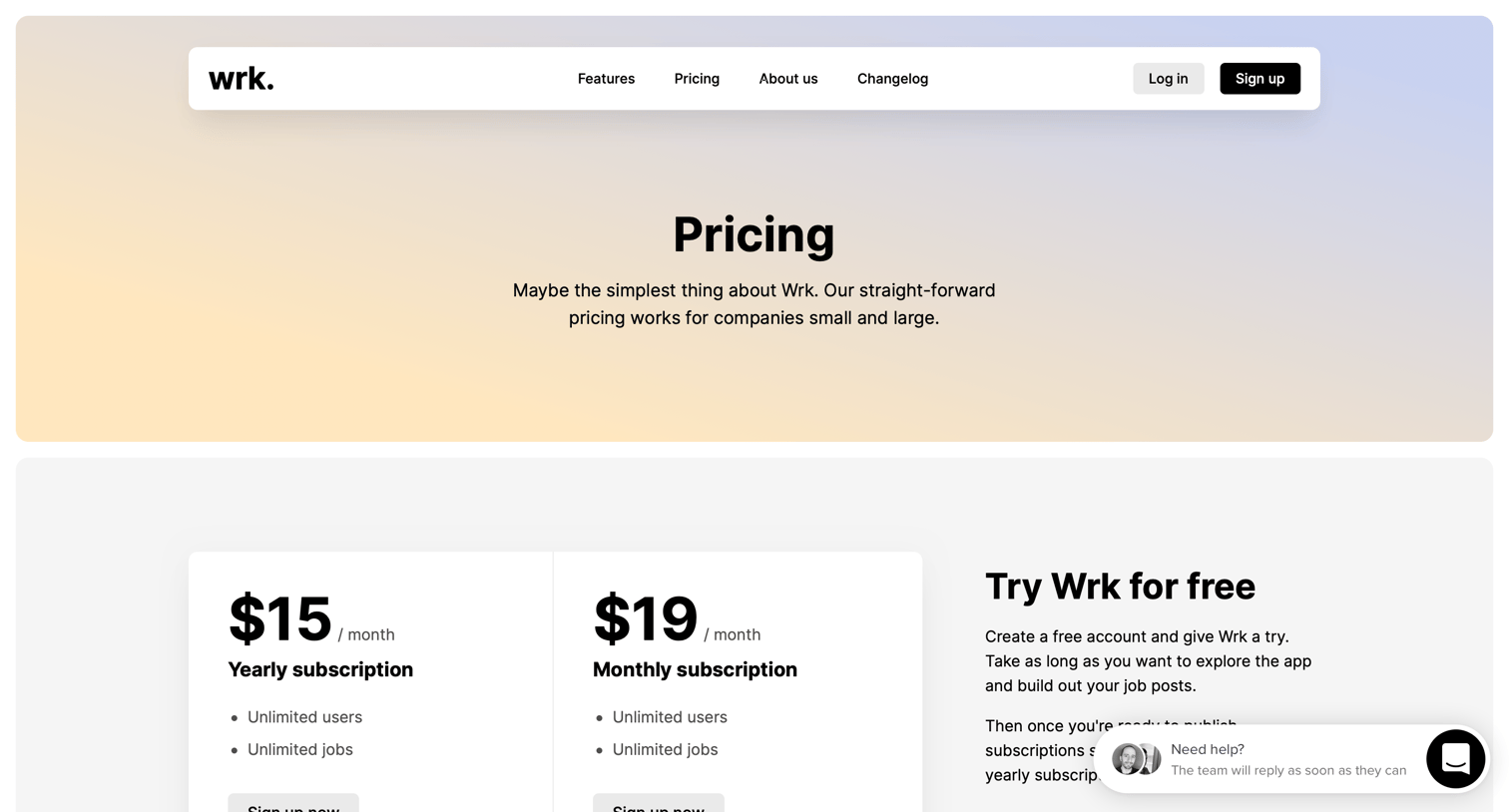 Wrk - Wrk | Pricing screen