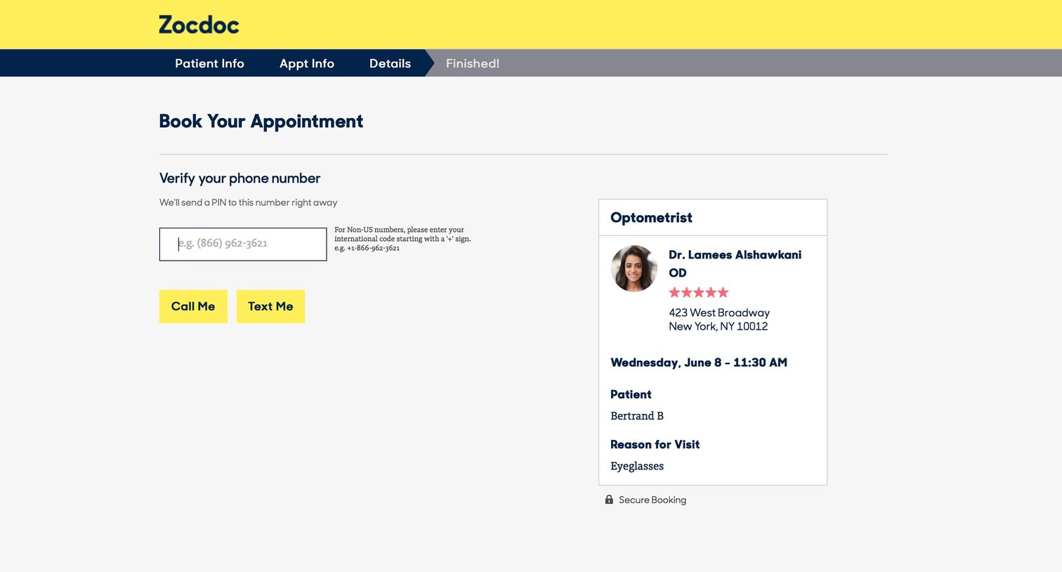 Zocdoc - Checkout screen