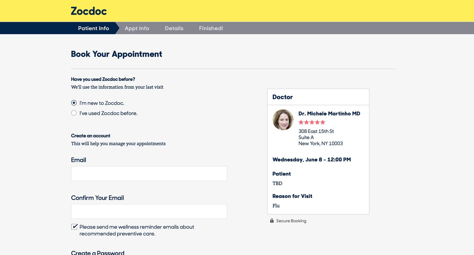 Zocdoc - Checkout screen