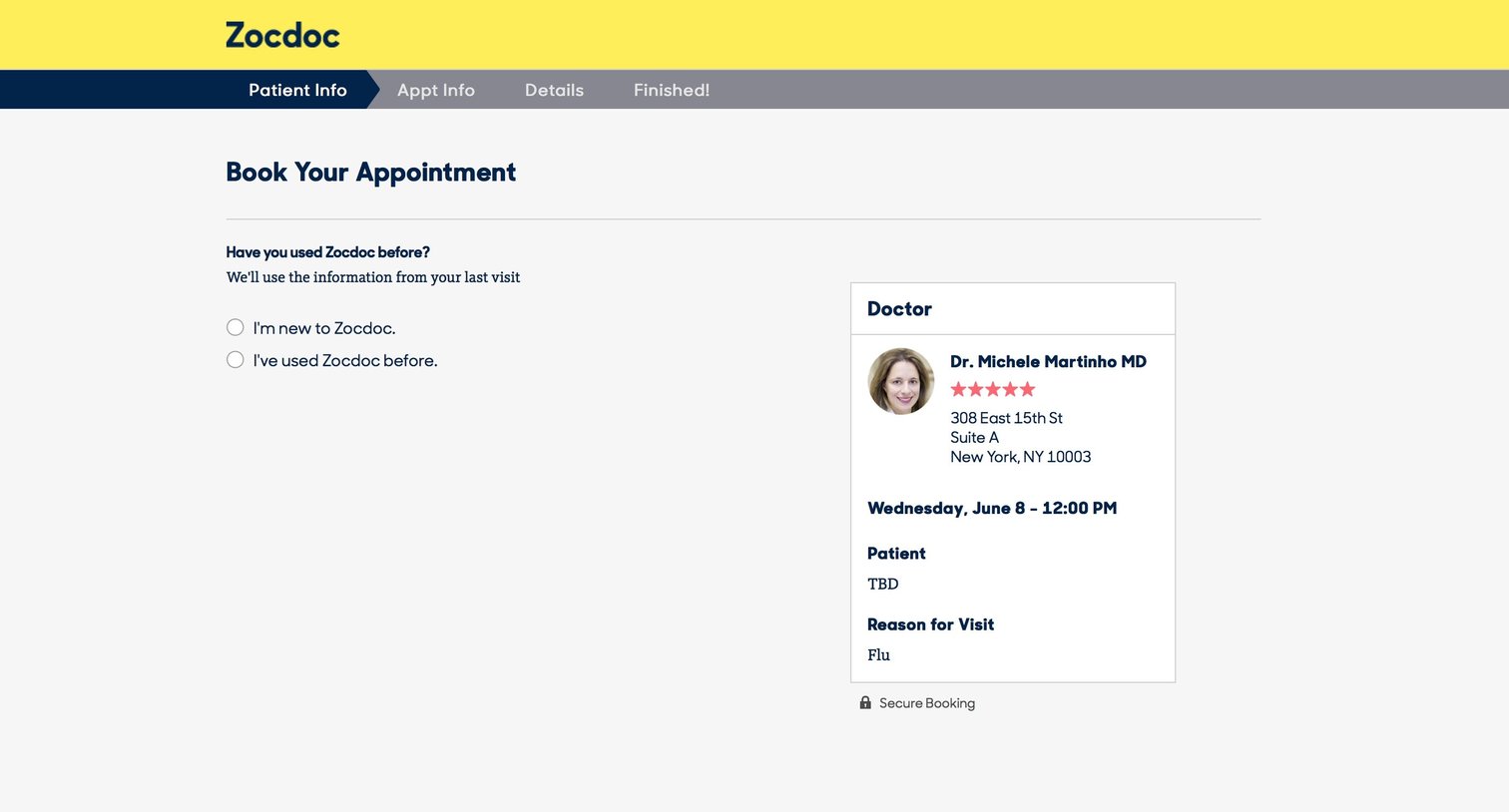 Zocdoc - Checkout screen