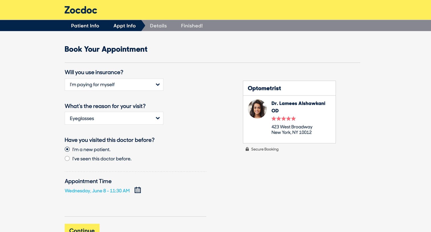 Zocdoc - Checkout screen