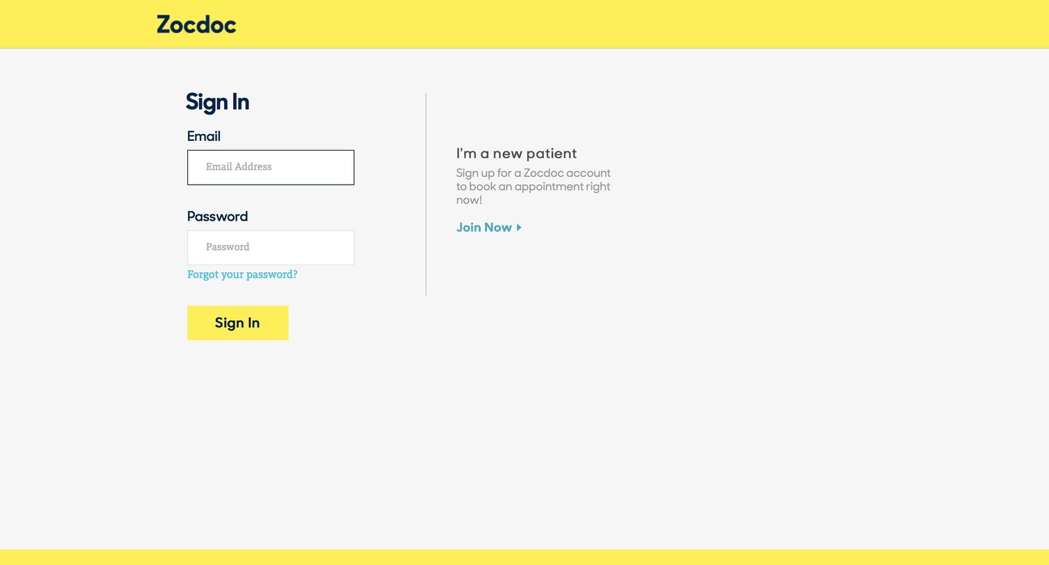 Zocdoc - Sign in screen