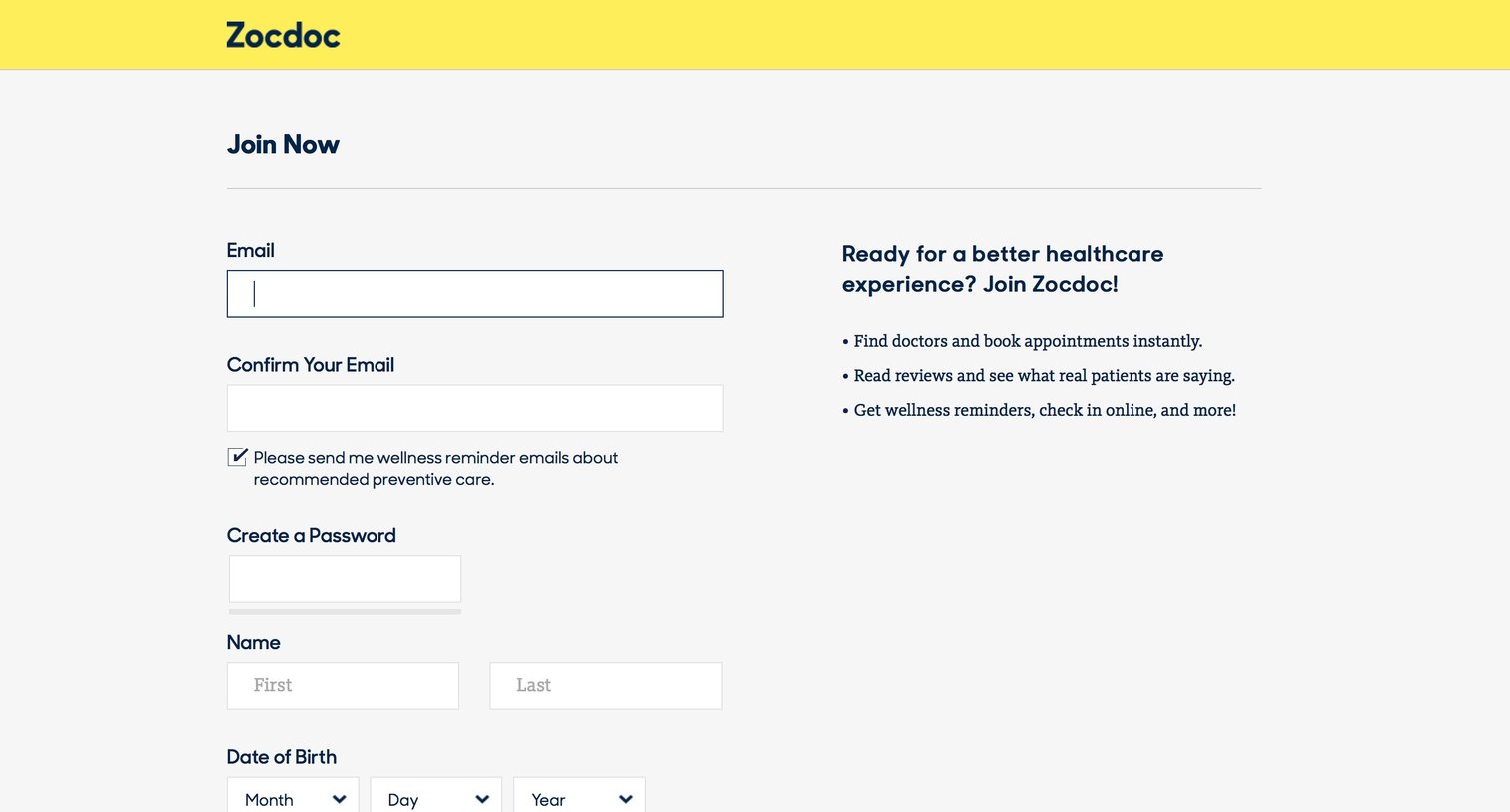 Zocdoc - Sign up screen