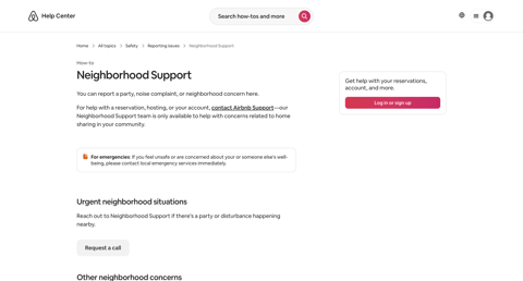 Airbnb - Neighborhood Support - Airbnb Help Center screen