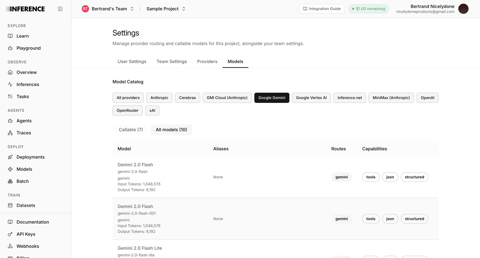 Inference - Settings | inference.net screen