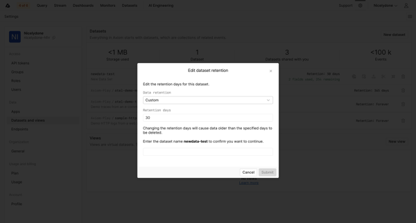 Datasets and Views - Settings - Axiom screen