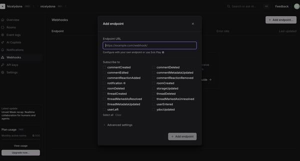 nicelydone (Development) | nicelydone (Development) | Webhooks screen