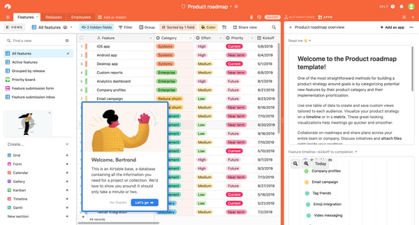 Product roadmap Features - Airtable screen