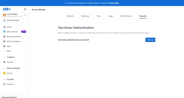 Account Settings - Otter.ai screen