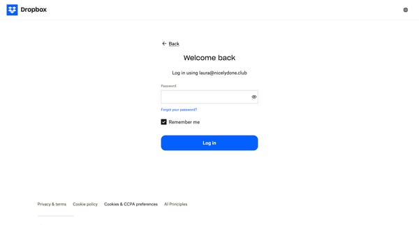 Login - Dropbox screen