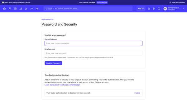 Password and Security | Nicelydone CRM screen