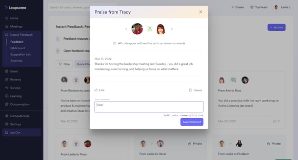Instant Feedback Feedback | Leapsome screen