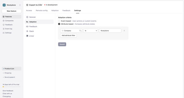 Feature › Export to CSV › Feature Settings › Adoption screen