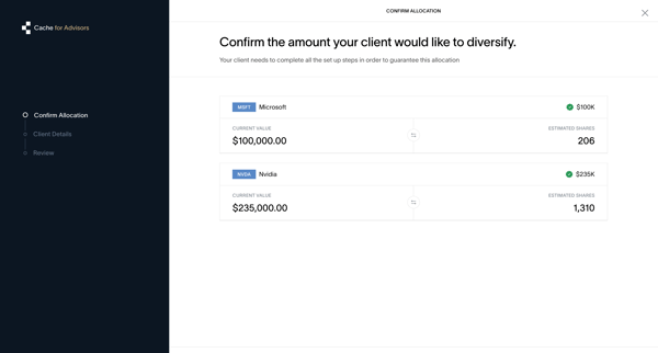Cache – Confirm allocation for your client | Cache for Advisors screen