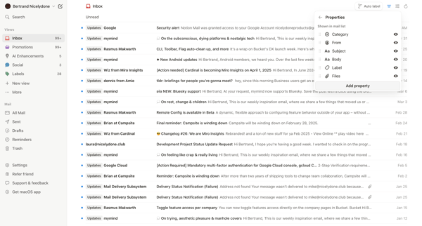 99+ • Inbox • nicelydoneproducts@gmail.com • Notion Mail screen