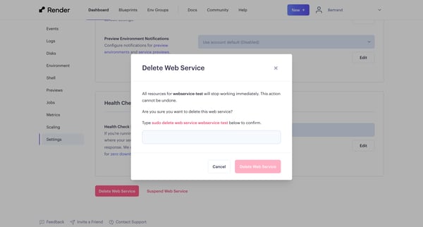 webservice-test ・ Web Service ・ Render Dashboard screen