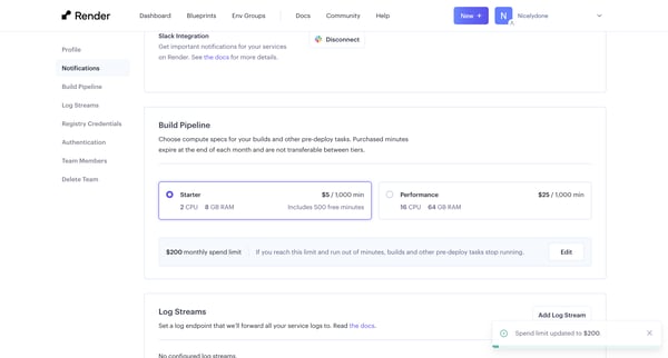 Team Settings ・ Render Dashboard from Render