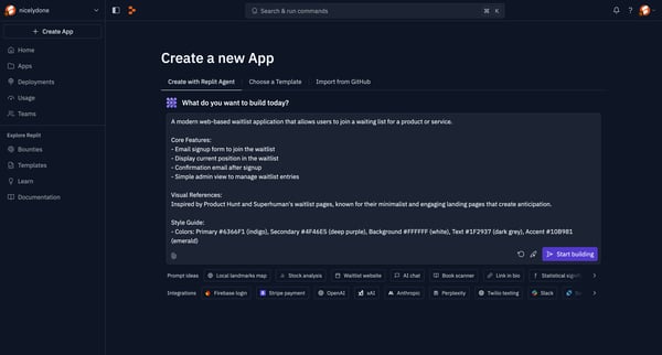 Create a new App - Replit screen