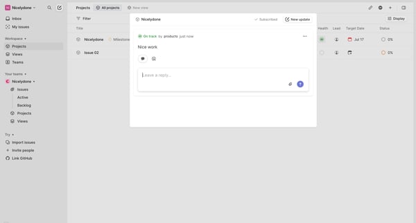 Projects screen