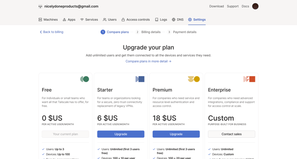 Upgrade your plan - Tailscale screen