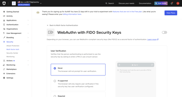 WebAuthn Roaming Security screen