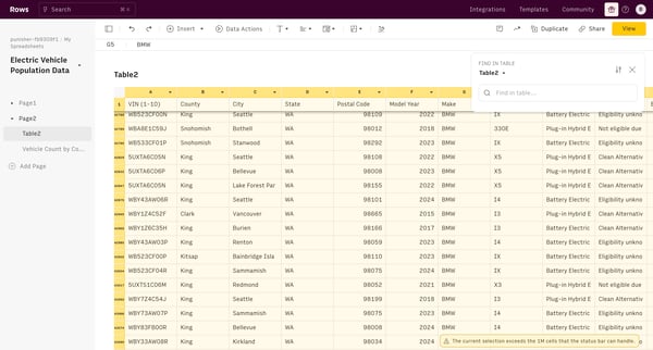 Electric Vehicle Population Data screen