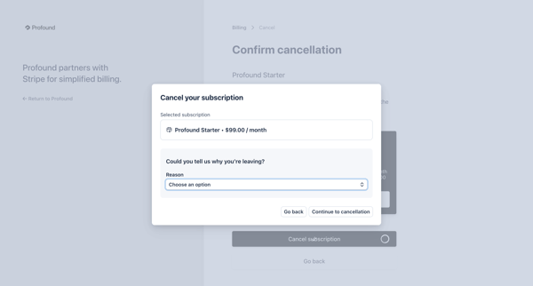 Cancel subscription | Profound Billing screen