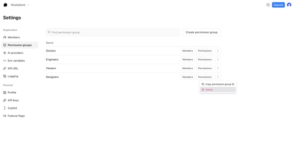 Settings - Nicelydone - Braintrust screen