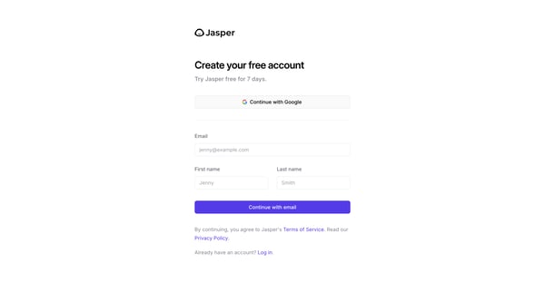 Sign up - Jasper screen